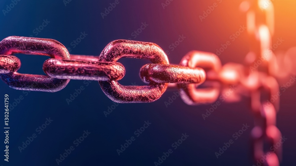 Poster A close-up image of a metallic chain, highlighting its sturdy links against a gradient background of blue and orange hues.