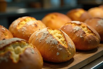 Variety of freshly baked bread on moving line , golden, delicious