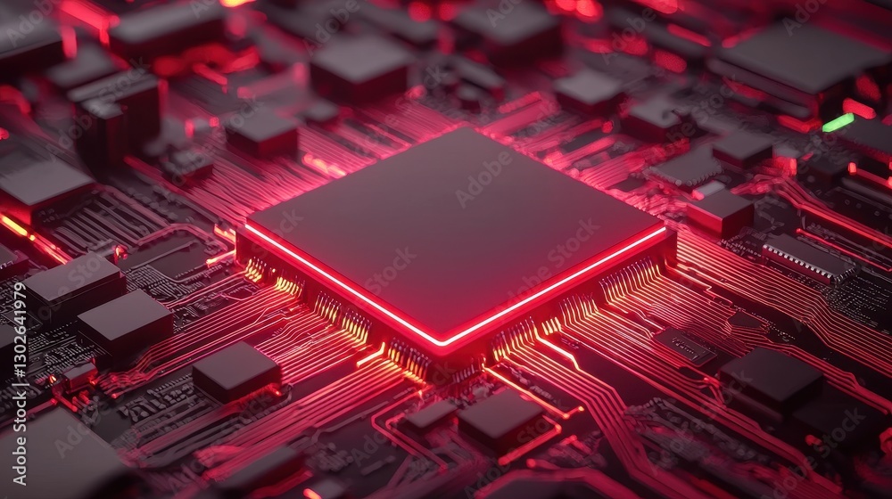 Poster A close-up view of a red-lit microchip on a circuit board, showcasing intricate electronic connections and components.