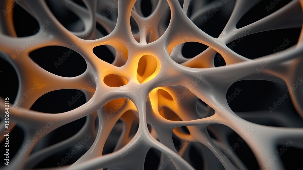 Poster An abstract close-up of a complex, organic structure with light highlights, resembling interconnected cells or neural networks.