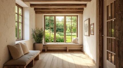 Fototapeta premium A quaint house corridor with rustic wooden beams, a bench with cushions, and a view of a garden through a window.