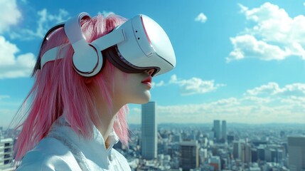 Exploring virtual reality technology urban rooftop digital art bright sky side view future concepts