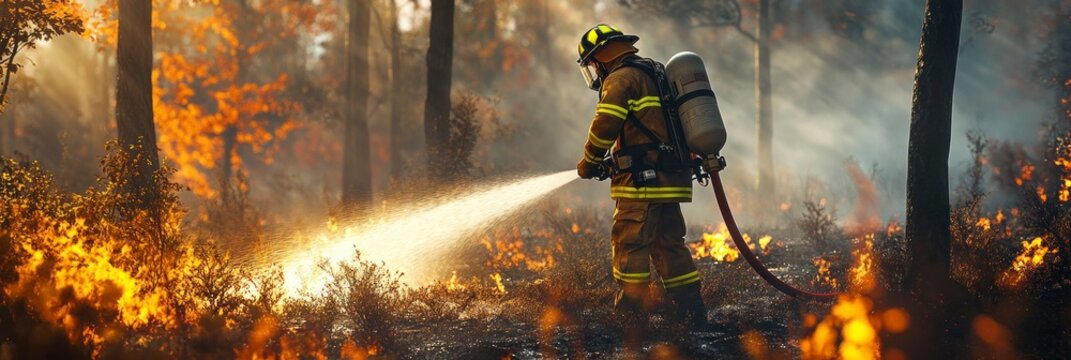 firefighter is using water to put out the fire in an forest, fireman putting down a wildfire with his hose