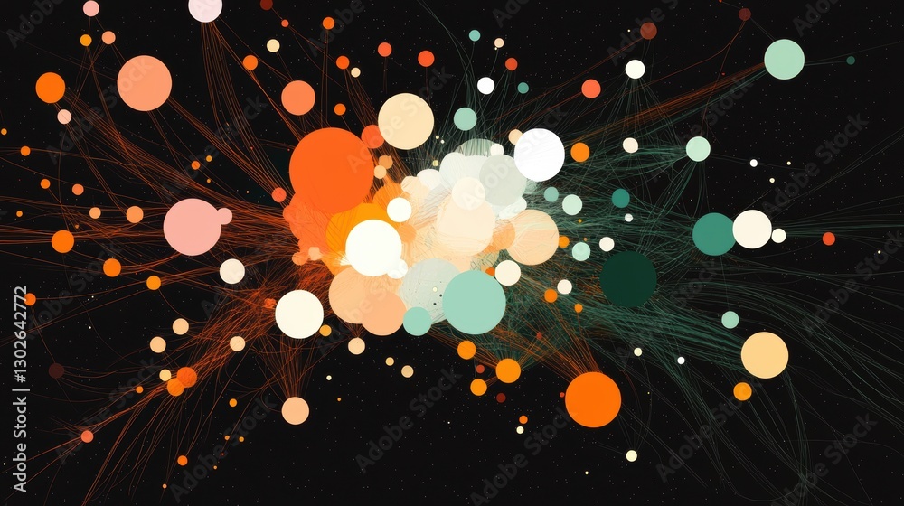 Poster an abstract design featuring colorful circles and flowing lines against a dark background, evoking a