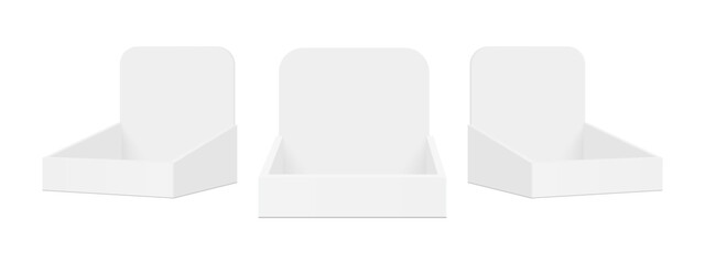 Empty Display Boxes Mockups With Round Top, Front Side View, Isolated On White Background. Vector Illustration