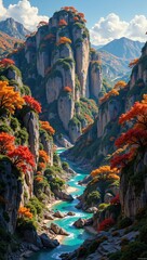 Fototapeta premium Stunning view of Chinese Karst Mountains featuring vibrant autumn foliage and tranquil river winding through cliffs. Concept highlights beauty of Chinese Karst Mountains in nature