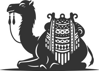 Camel carrying a woven blanket and sitting on its knees animal vector silhouette