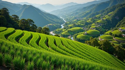 Fototapeta premium Stunning view of Chinese Rice Terraces showcasing lush greenery and rolling hills. Concept focuses on Chinese Rice Terraces, celebrating agricultural beauty and landscape