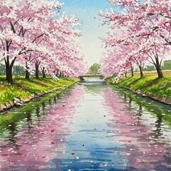 Fototapeta premium Cherry Blossom Trees Over a River