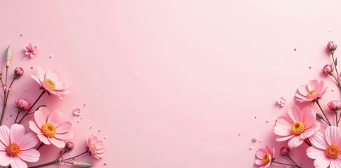 Fototapeta premium Pastel pink wall with subtle texture and a few scattered flowers, gentle hue, floral accents, pastel colors