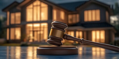 A gavel is placed on top of the table in front of an exterior view of a modern home with warm lighting inside, real estate signs in the background