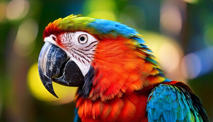 Fototapeta premium Stunning close-up of a vibrant scarlet macaw, showcasing its richly colored feathers and captivating gaze.