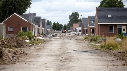 A derelict street in the Netherlands, flanked by houses amid rubble, hinting at urban decay and the passage of time.