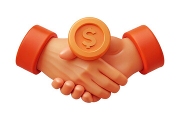 3D illustration of handshake with dollar symbol, symbolizing financial agreement or partnership. image features two hands in handshake, with coin displaying dollar sign