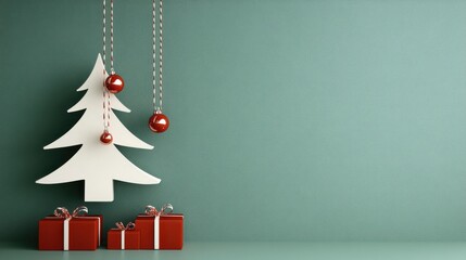 Fototapeta premium A festive display with a white Christmas tree cutout and red ornaments on a green backdrop, paired with red and white wrapped gifts.