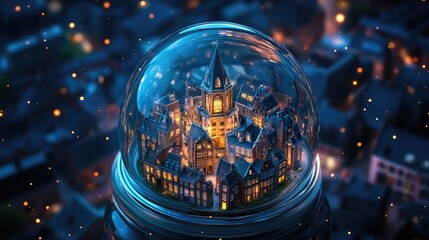 Enchanting snow globe village fantasy world digital art nighttime atmosphere close-up view magical scene