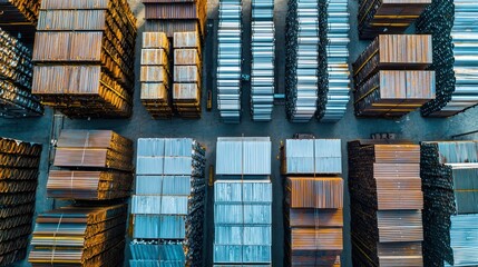 A steel storage facility featuring stacks of corrugated steel sheets ready for transport.
