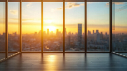 Fototapeta premium Modern office with expansive windows and natural light, blending work and urban inspiration.