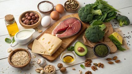 Atkins Diet: A variety of meats, fish, eggs, cheese, butter, olive oil, avocados, nuts, seeds, herbs, leafy greens like spinach, broccoli, cauliflower, courgettes, mushrooms, coconut oil, heavy cream,