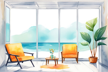 Watercolor Living Room with Ocean View and Armchairs Illustration