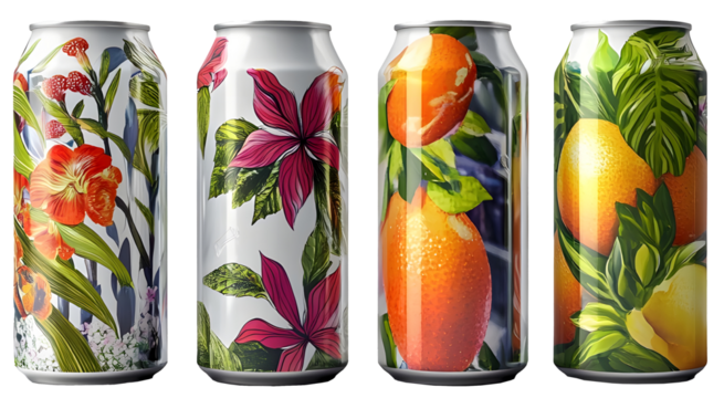 Multipack Beverage Cans Packaging Mockup with Vibrant Botanical Designs