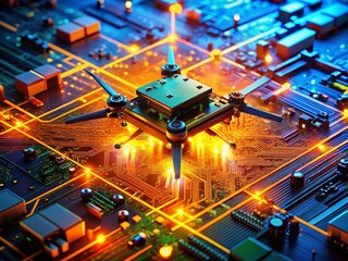 Fototapeta premium Futuristic Orange Circuit Board with Moving Electrons - Drone Aerial View - Technology Background