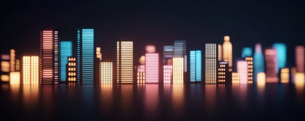 A vibrant city skyline with illuminated skyscrapers in various colors, reflecting a futuristic urban landscape against a dark backdrop.