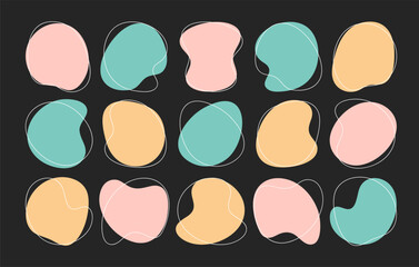 Color liquid blob shapes, pastel irregular organic random forms, fluid silhouette, simple vector smooth ink stain. Highlight for social media stories on black background