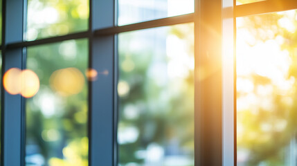 Fototapeta premium Modern office with expansive windows and natural light, blending work and urban inspiration.