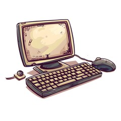 Vintage Computer with Monitor, Keyboard and Mouse on White Background