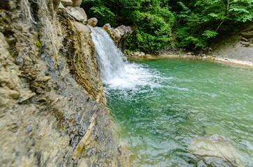 Small waterfall cascades into clear emerald pool surrounded by lush greenery. Rocks and vibrant...