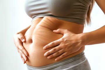 Expecting mother gently cradles her baby bump while standing indoors in natural light during late afternoon
