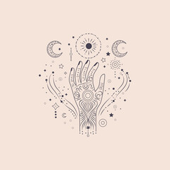 Boho mystical mudra hand, celestial symbols of moon with stars. Magical line hand. Witch mystical symbol, witchcraft vector illustration icon. Magic spiritual witchcraft, mystic esoteric