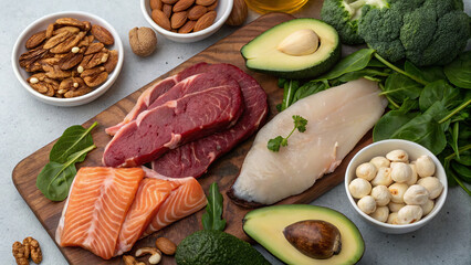 Atkins Diet: A variety of meats, fish, eggs, cheese, butter, olive oil, avocados, nuts, seeds, herbs, leafy greens like spinach, broccoli, cauliflower, courgettes, mushrooms, coconut oil, heavy cream,