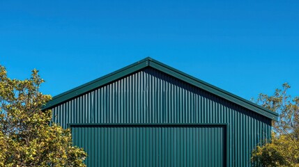 Obraz premium A shed with a green corrugated roof under a clear blue sky, highlighting its practical design.