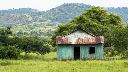 Obraz premium A simple countryside structure with walls and roof made from corrugated tin, set in a natural landscape.