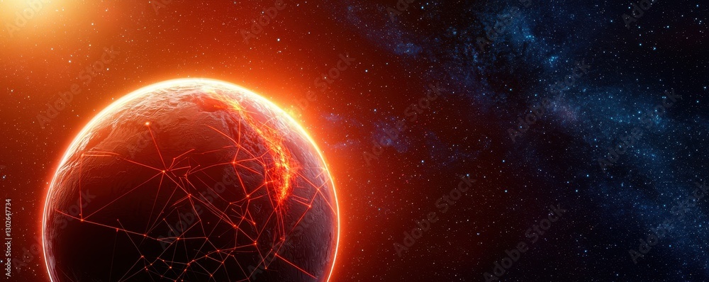 Poster a vibrant planet illuminated by a glowing sun, surrounded by a starry cosmic backdrop, showcasing a 