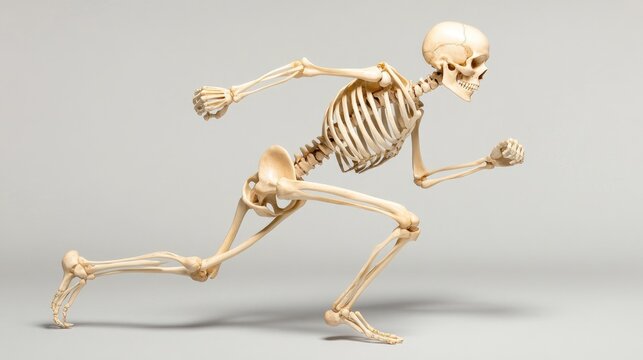Dynamic skeleton running in motion studio setting illustration neutral background side view anatomy concept