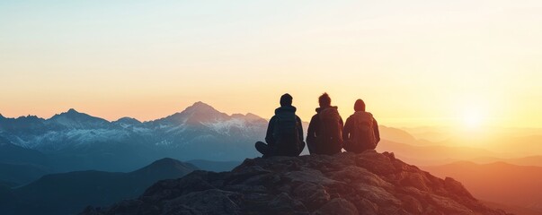 Travelers Relaxing on Rock During Sunset Amidst Mountain Landscape