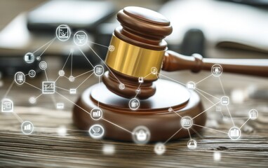 Agavel surrounded by digital connections, representing the integration of AI in legal systems and the justice system