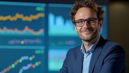 Obraz premium Portrait of a Smiling Businessman in Front of Data Charts