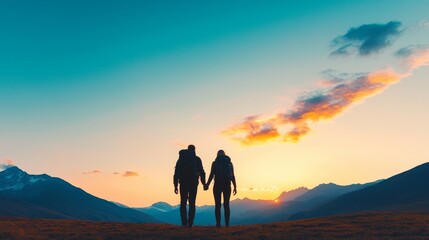 Fototapeta premium Romantic Couple Backpacking at Sunset with Scenic Mountain View