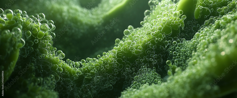 Aufkleber close-up of green microbial bacteria or algae with bubbles floating in a liquid environment, represe