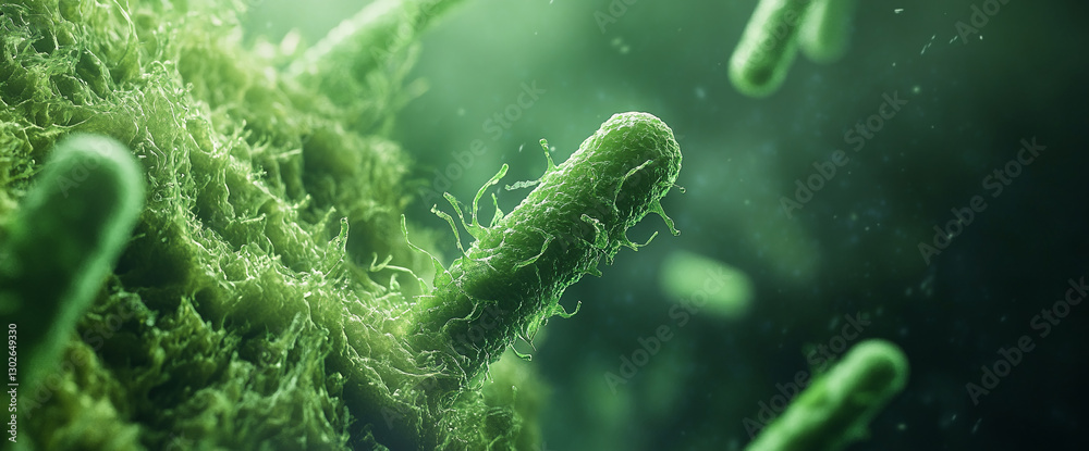 Aufkleber close-up of green bacteria or microorganisms under a microscope, showing their structure in a liquid