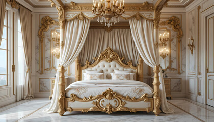 A royal canopy bed with an intricately detailed gold and ivory headboard, draped with soft, flowing silk curtains, featuring embroidered Egyptian cotton bedding, set in a grand master bedroom with a c