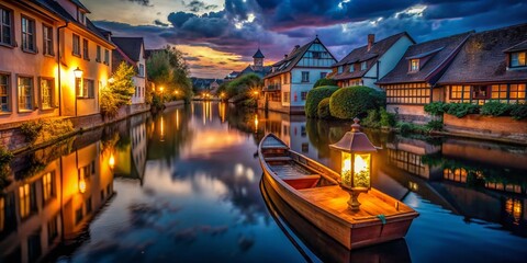 Glowing Lantern on Wooden Boat, Night River Scene, Peaceful Town, Drone View