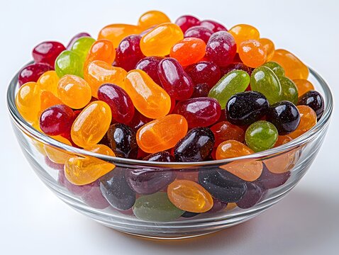 Colorful Jelly Beans Scattered in Vibrant Bowl on Clean White Background