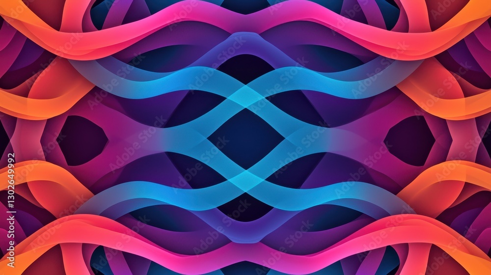 Poster A vibrant, abstract design featuring intertwined colorful waves on a dark background, creating a dynamic and modern visual effect.