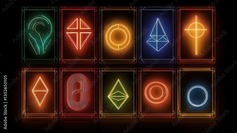 Poster a vibrant display of neon geometric symbols arranged in a grid, showcasing various shapes and colors
