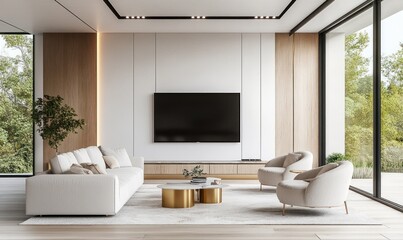 Fototapeta premium Modern living room with white sofa, armchairs, and large TV.